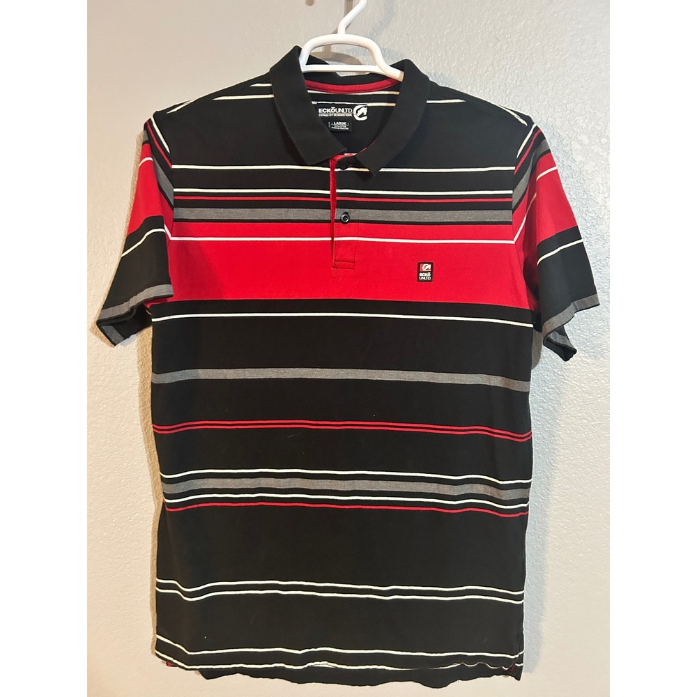 Ecko Unltd Mens Large Polo Shirt Black Red Striped‎ Short Sleeve Cotton Rhino